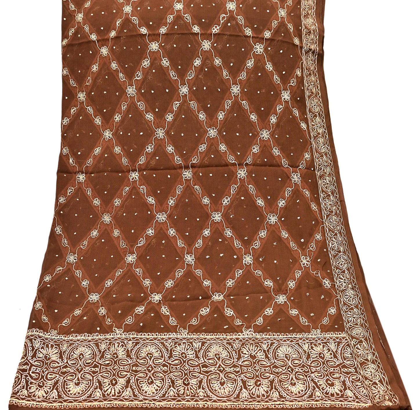 Indian Vintage Heavy Brown Dupatta Pure Chiffon silk Long Stole Hand Embroidered Scarves Floral Design Stole Veil Wrap Zari Zardozi