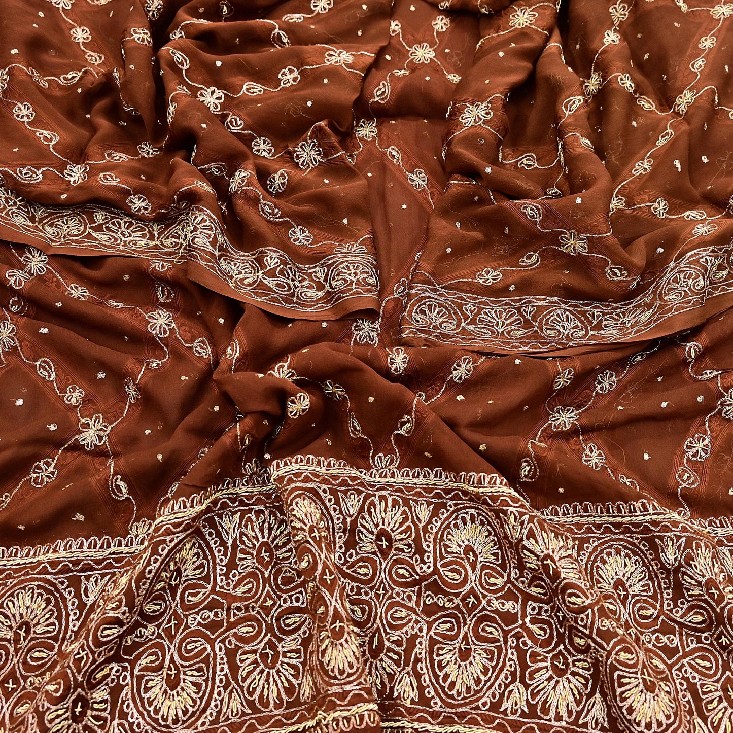 Indian Vintage Heavy Brown Dupatta Pure Chiffon silk Long Stole Hand Embroidered Scarves Floral Design Stole Veil Wrap Zari Zardozi