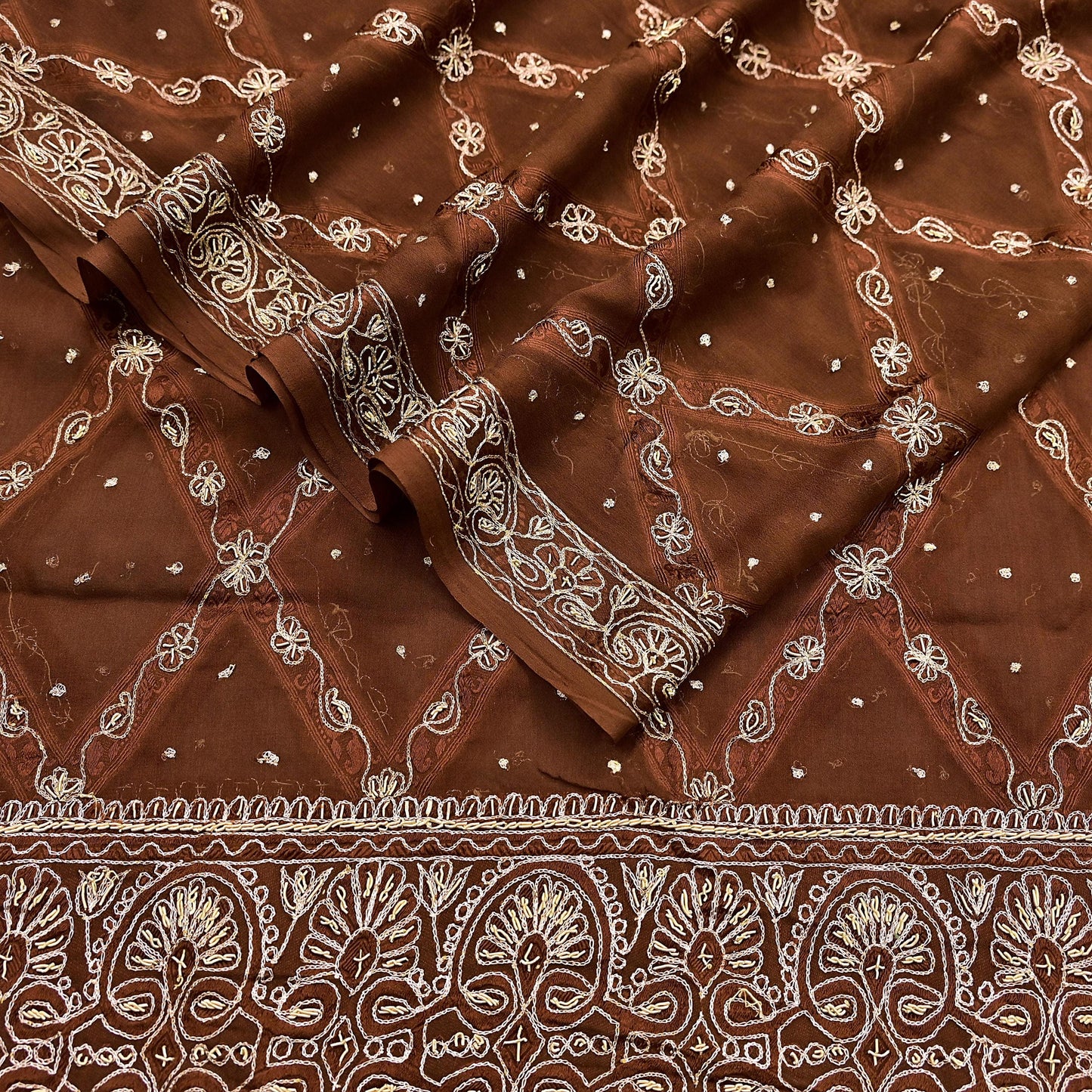 Indian Vintage Heavy Brown Dupatta Pure Chiffon silk Long Stole Hand Embroidered Scarves Floral Design Stole Veil Wrap Zari Zardozi