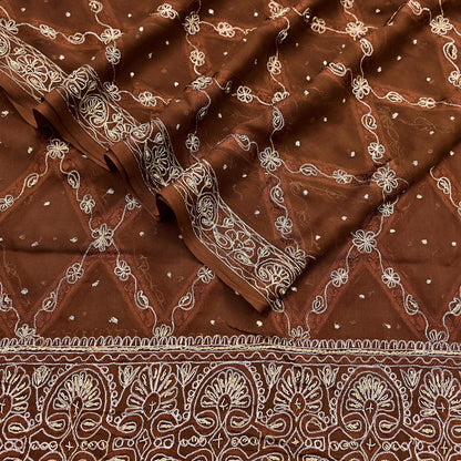 Indian Vintage Heavy Brown Dupatta Pure Chiffon silk Long Stole Hand Embroidered Scarves Floral Design Stole Veil Wrap Zari Zardozi
