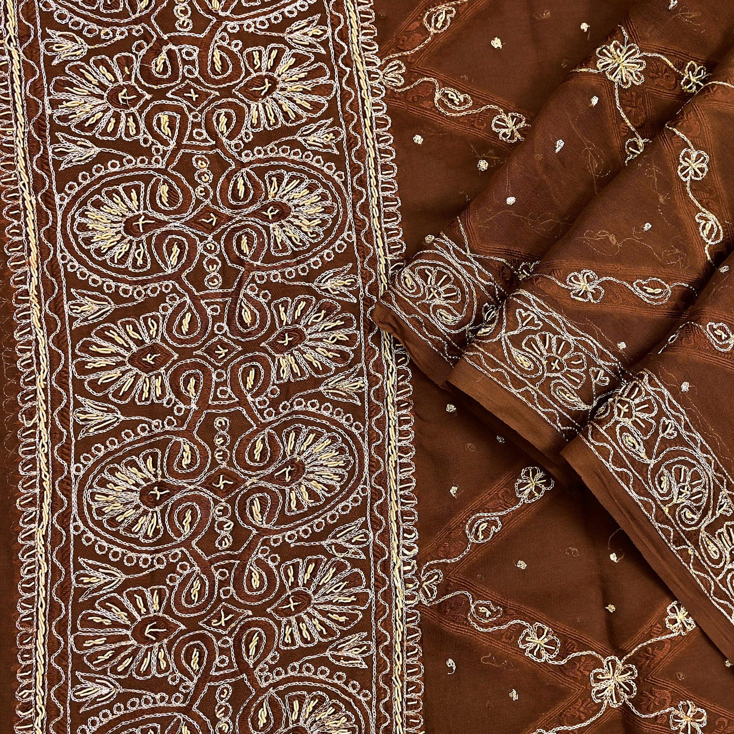 Indian Vintage Heavy Brown Dupatta Pure Chiffon silk Long Stole Hand Embroidered Scarves Floral Design Stole Veil Wrap Zari Zardozi