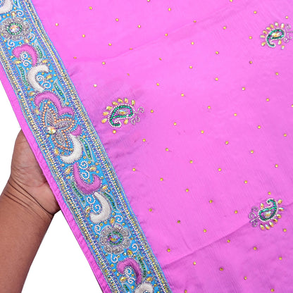 Indian Vintage Heavy Pink Dupatta Pure silk Long Stole Hand Embroidered Hijab Scarves Veil Wrap Zardozi Dabka