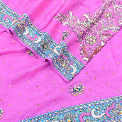 Indian Vintage Heavy Pink Dupatta Pure silk Long Stole Hand Embroidered Hijab Scarves Veil Wrap Zardozi Dabka
