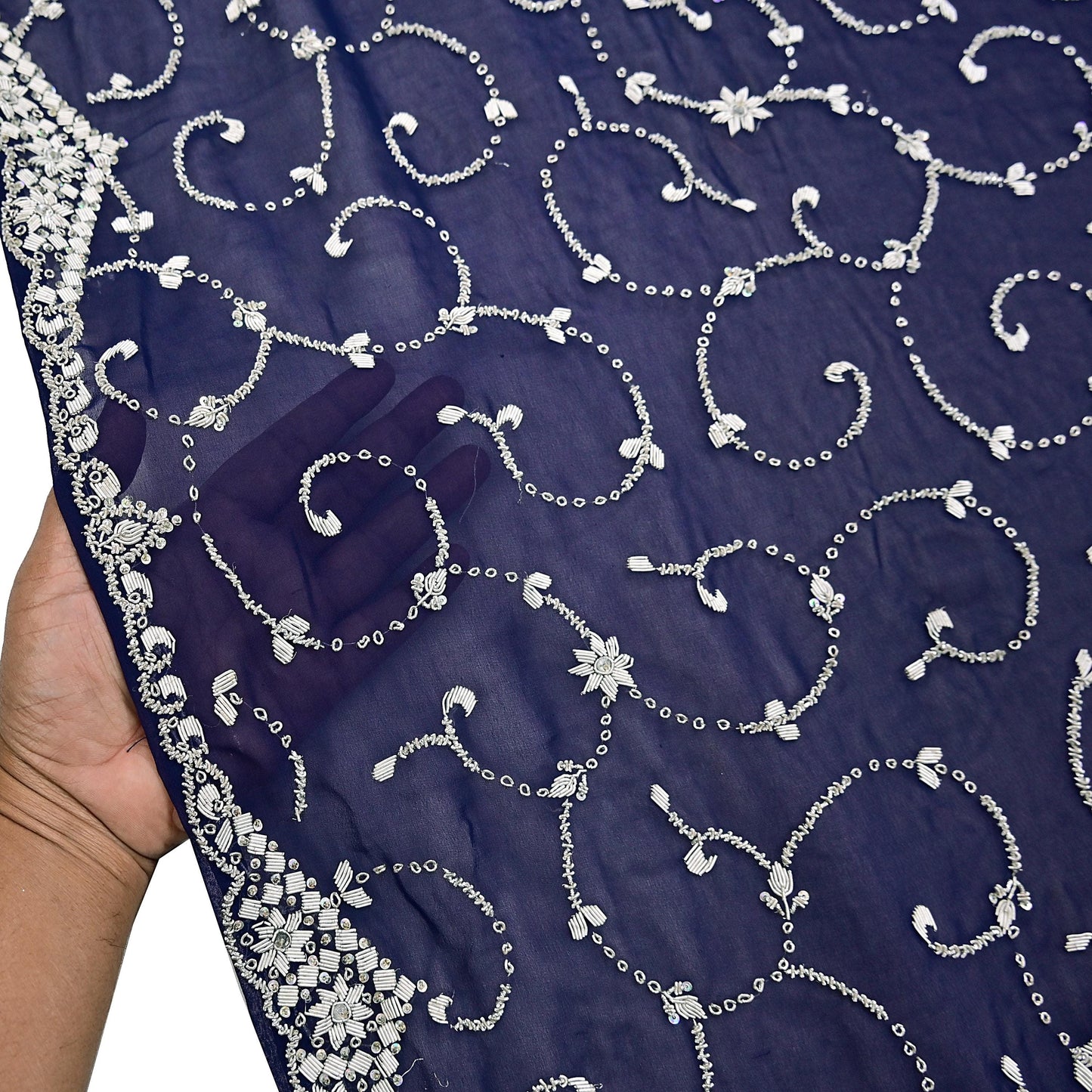 Indian Vintage Heavy Blue Dupatta Georgette Long Stole Hand Embroidered Scarf Zari Zardozi Wedding/ Bridal Veil Hijab
