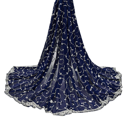 Indian Vintage Heavy Blue Dupatta Georgette Long Stole Hand Embroidered Scarf Zari Zardozi Wedding/ Bridal Veil Hijab