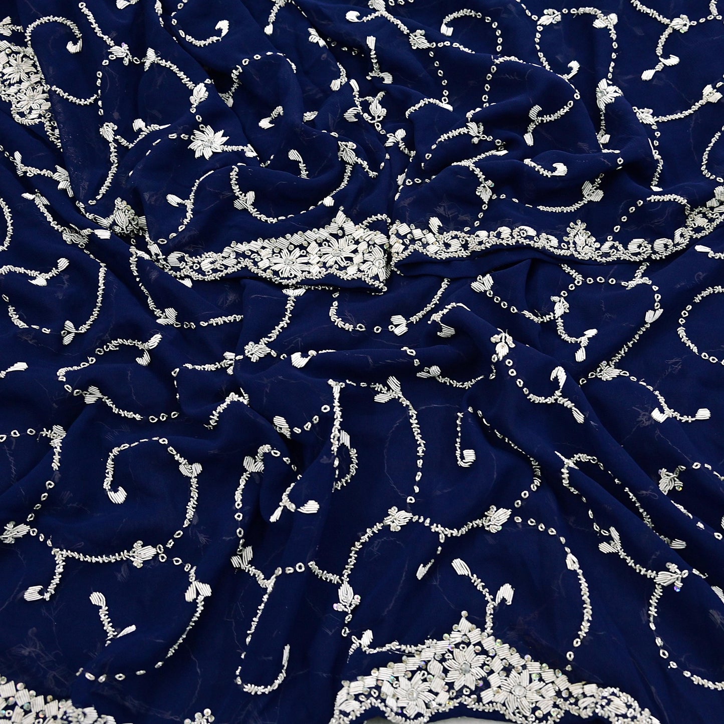 Indian Vintage Heavy Blue Dupatta Georgette Long Stole Hand Embroidered Scarf Zari Zardozi Wedding/ Bridal Veil Hijab
