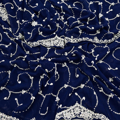 Indian Vintage Heavy Blue Dupatta Georgette Long Stole Hand Embroidered Scarf Zari Zardozi Wedding/ Bridal Veil Hijab