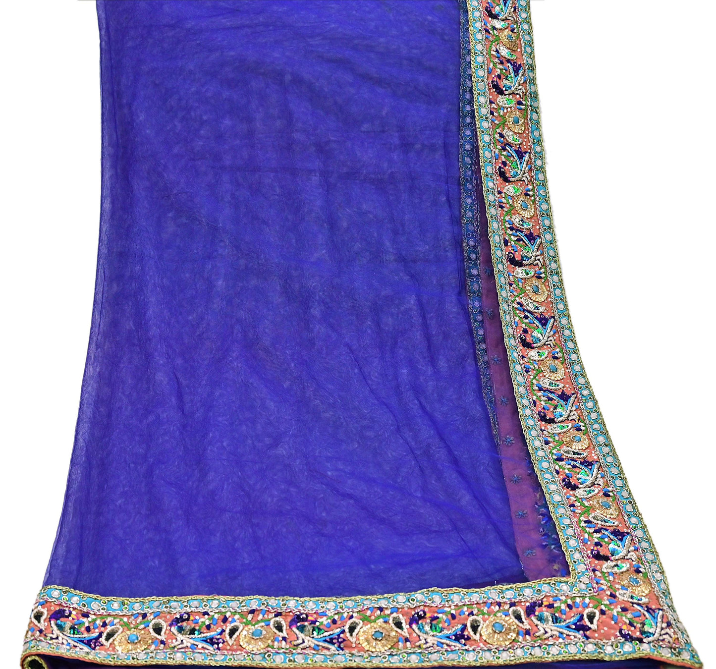 Indian Vintage Heavy Blue Dupatta Net Mesh Long Stole Hand Embroidered Scarves Golden Zardozi Dabka Zari Stole Bridal wedding veil