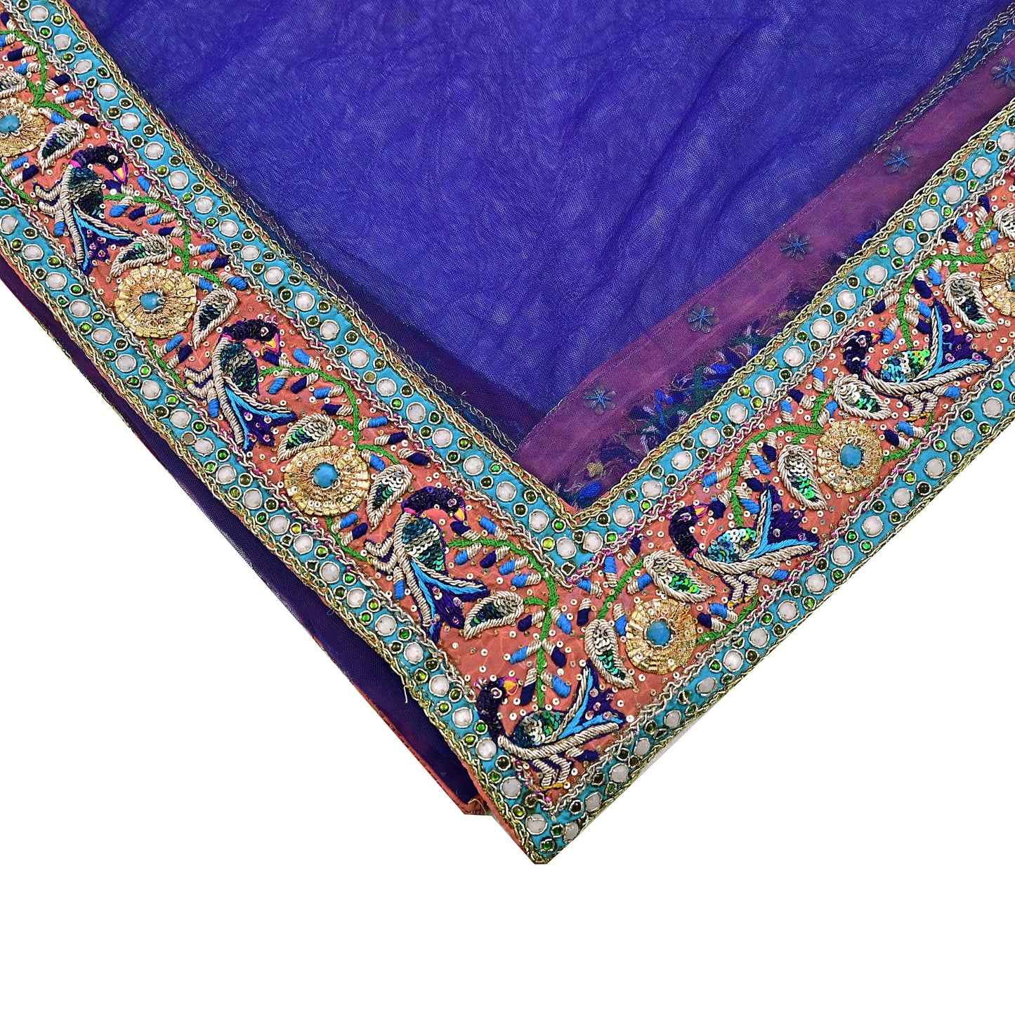 Indian Vintage Heavy Blue Dupatta Net Mesh Long Stole Hand Embroidered Scarves Golden Zardozi Dabka Zari Stole Bridal wedding veil