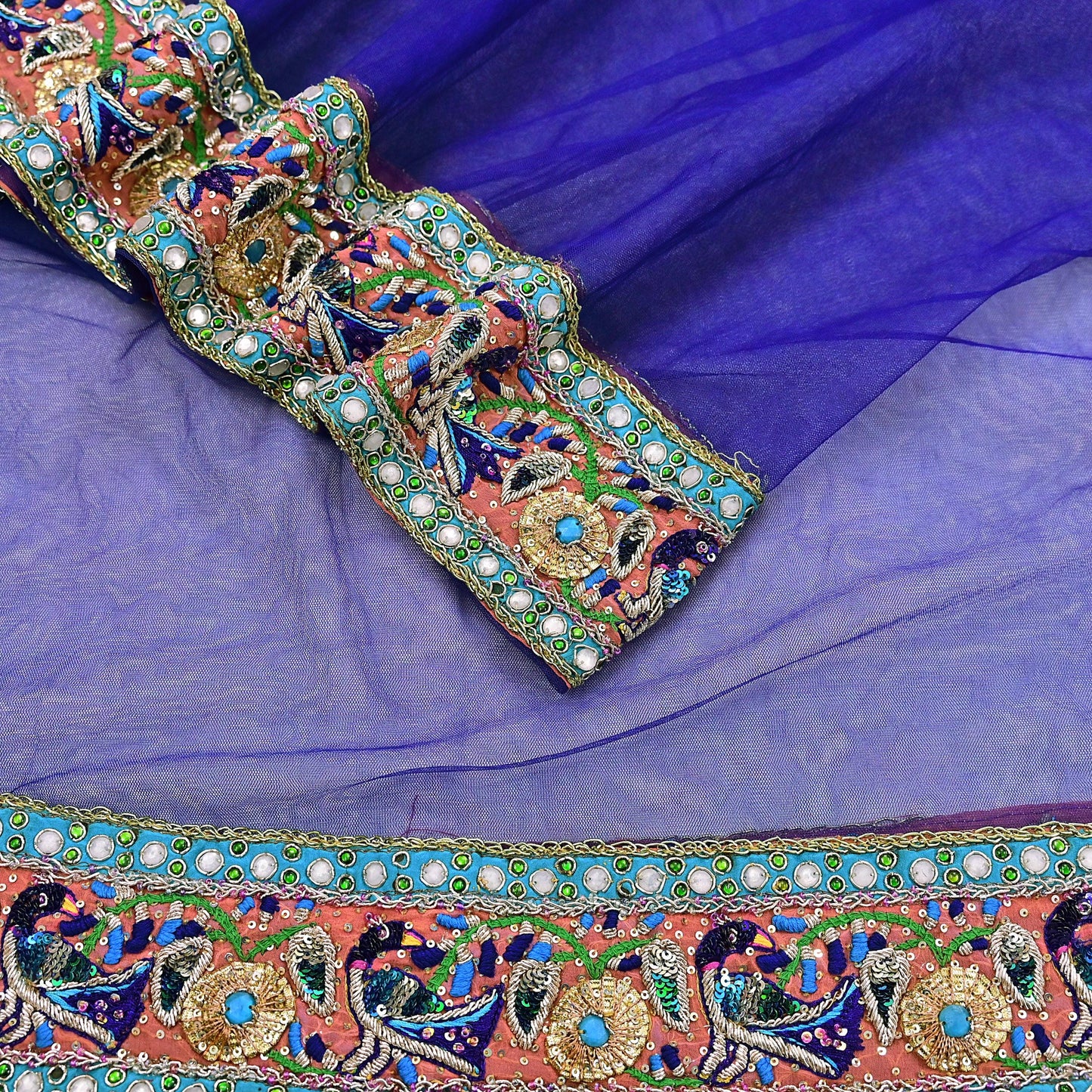 Indian Vintage Heavy Blue Dupatta Net Mesh Long Stole Hand Embroidered Scarves Golden Zardozi Dabka Zari Stole Bridal wedding veil