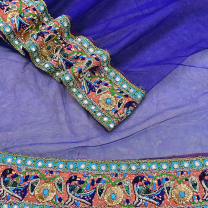 Indian Vintage Heavy Blue Dupatta Net Mesh Long Stole Hand Embroidered Scarves Golden Zardozi Dabka Zari Stole Bridal wedding veil