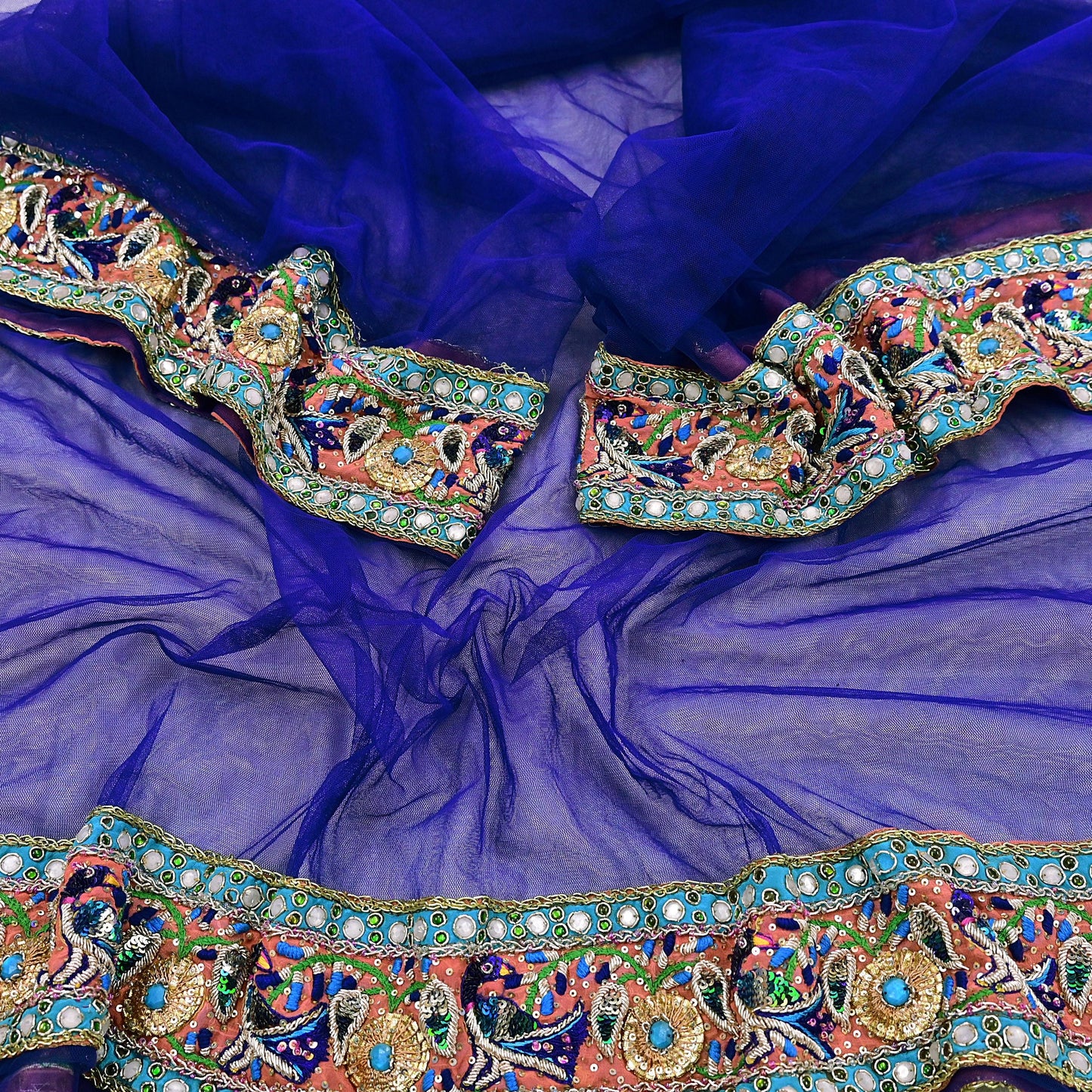 Indian Vintage Heavy Blue Dupatta Net Mesh Long Stole Hand Embroidered Scarves Golden Zardozi Dabka Zari Stole Bridal wedding veil