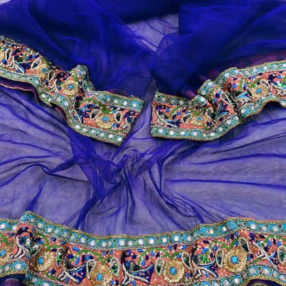 Indian Vintage Heavy Blue Dupatta Net Mesh Long Stole Hand Embroidered Scarves Golden Zardozi Dabka Zari Stole Bridal wedding veil