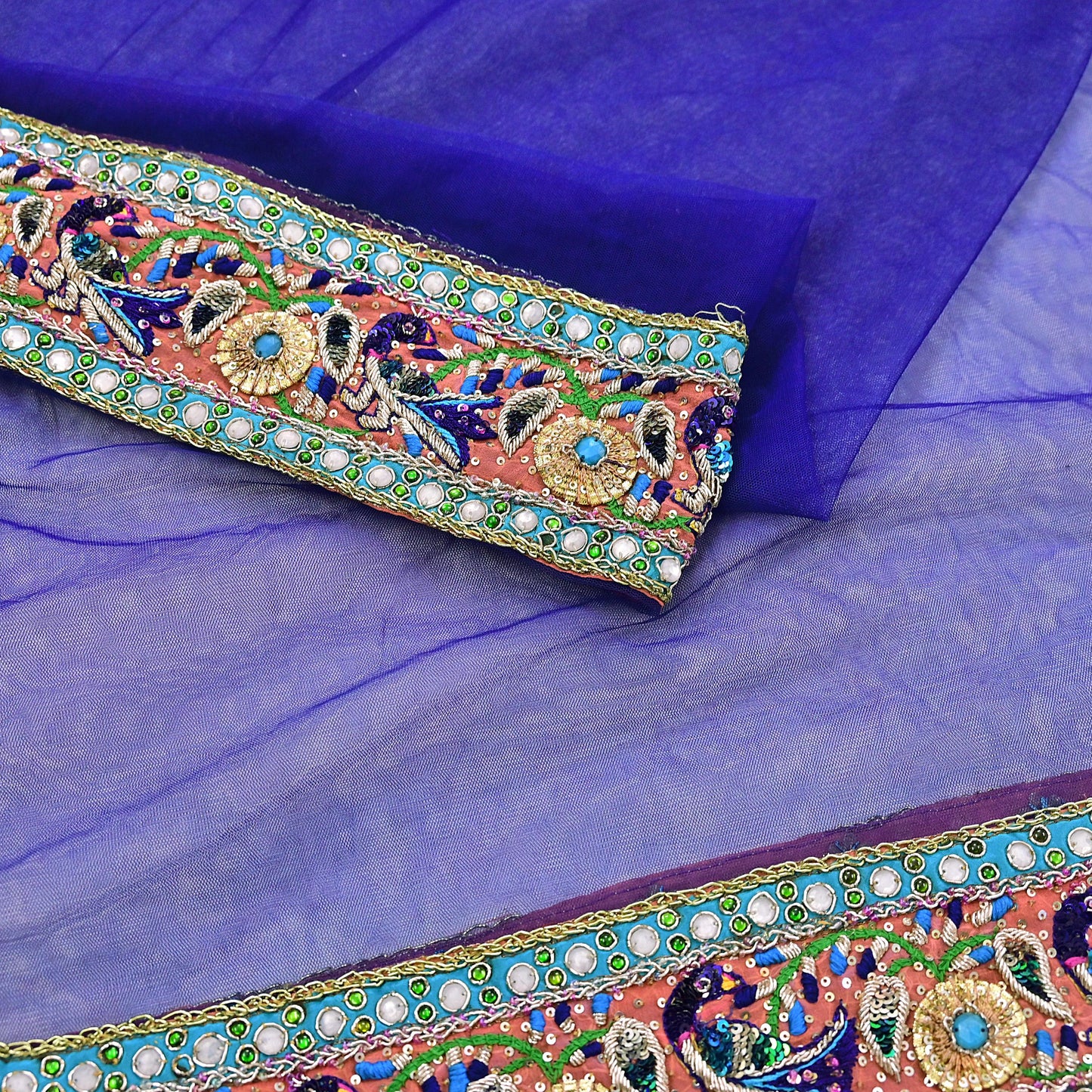 Indian Vintage Heavy Blue Dupatta Net Mesh Long Stole Hand Embroidered Scarves Golden Zardozi Dabka Zari Stole Bridal wedding veil
