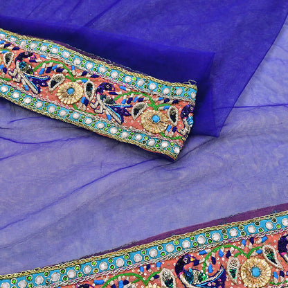 Indian Vintage Heavy Blue Dupatta Net Mesh Long Stole Hand Embroidered Scarves Golden Zardozi Dabka Zari Stole Bridal wedding veil
