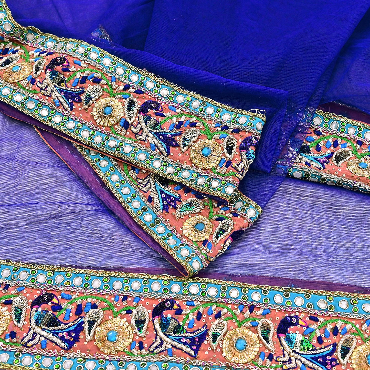 Indian Vintage Heavy Blue Dupatta Net Mesh Long Stole Hand Embroidered Scarves Golden Zardozi Dabka Zari Stole Bridal wedding veil