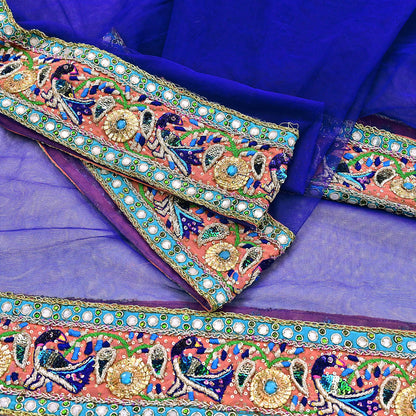 Indian Vintage Heavy Blue Dupatta Net Mesh Long Stole Hand Embroidered Scarves Golden Zardozi Dabka Zari Stole Bridal wedding veil