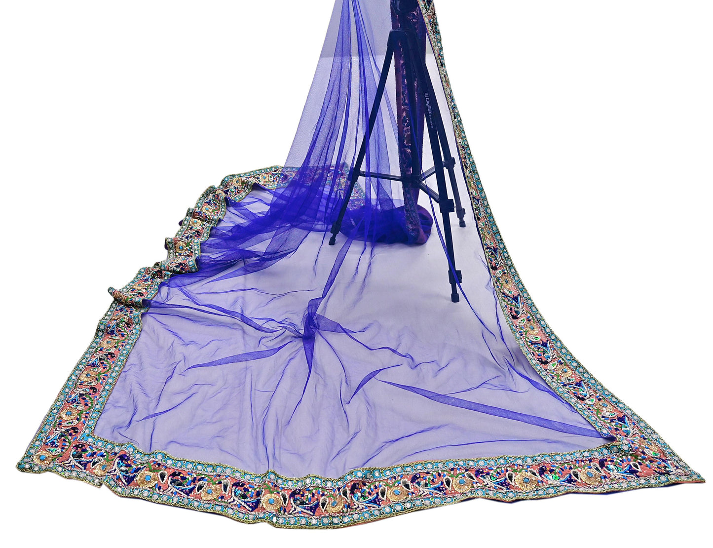Indian Vintage Heavy Blue Dupatta Net Mesh Long Stole Hand Embroidered Scarves Golden Zardozi Dabka Zari Stole Bridal wedding veil