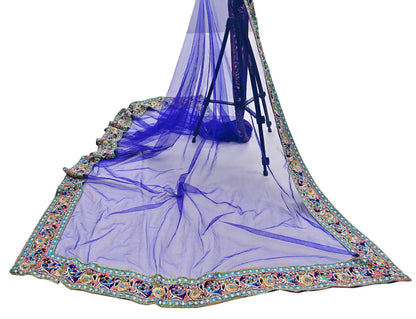 Indian Vintage Heavy Blue Dupatta Net Mesh Long Stole Hand Embroidered Scarves Golden Zardozi Dabka Zari Stole Bridal wedding veil