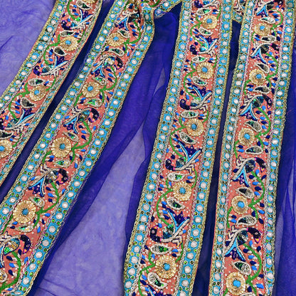 Indian Vintage Heavy Blue Dupatta Net Mesh Long Stole Hand Embroidered Scarves Golden Zardozi Dabka Zari Stole Bridal wedding veil