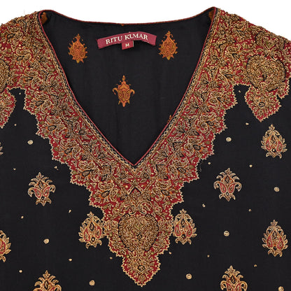 Indian Vintage Ritu Kumar Black Pure Crepe Silk Long Kurta Hand Embroidered Printed Designer Ethnic Festive Party Wear Tunic