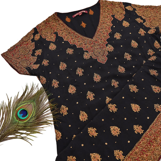 Indian Vintage Ritu Kumar Black Pure Crepe Silk Long Kurta Hand Embroidered Printed Designer Ethnic Festive Party Wear Tunic