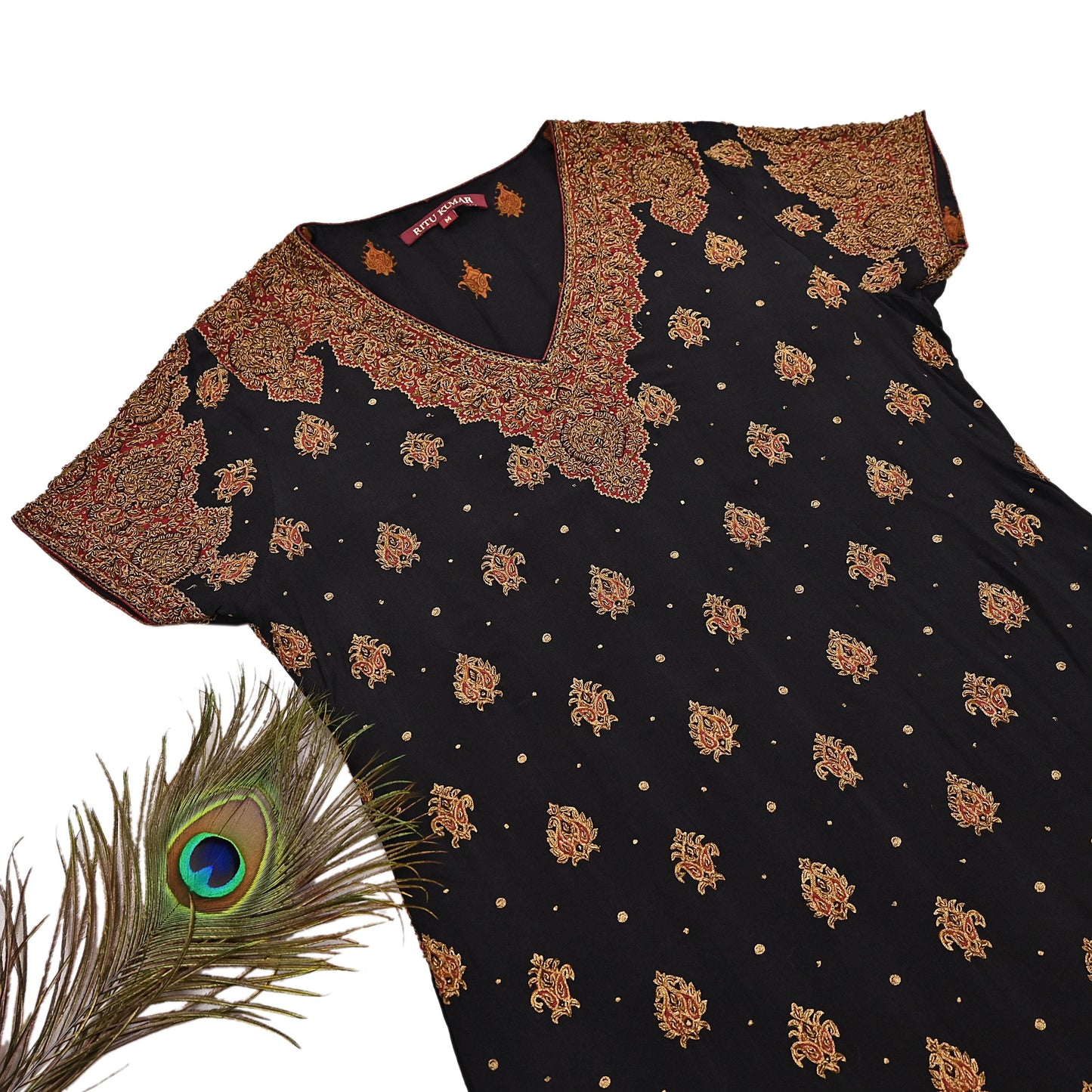 Indian Vintage Ritu Kumar Black Pure Crepe Silk Long Kurta Hand Embroidered Printed Designer Ethnic Festive Party Wear Tunic