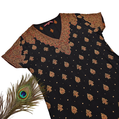 Indian Vintage Ritu Kumar Black Pure Crepe Silk Long Kurta Hand Embroidered Printed Designer Ethnic Festive Party Wear Tunic