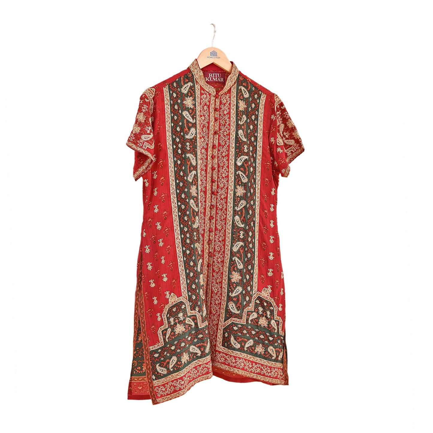 Indian Pre-Owned Red & Green Pure Silk Hand Embroidered Ritu Kumar Designer 2 Piece Suit Set (Kurta + Dupatta)