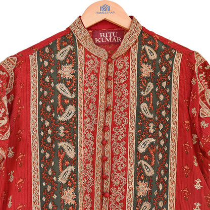 Indian Pre-Owned Red & Green Pure Silk Hand Embroidered Ritu Kumar Designer 2 Piece Suit Set (Kurta + Dupatta)