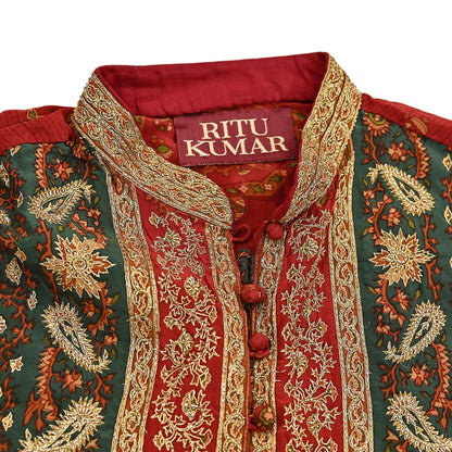 Indian Pre-Owned Red & Green Pure Silk Hand Embroidered Ritu Kumar Designer 2 Piece Suit Set (Kurta + Dupatta)