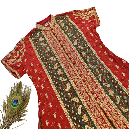 Indian Pre-Owned Red & Green Pure Silk Hand Embroidered Ritu Kumar Designer 2 Piece Suit Set (Kurta + Dupatta)
