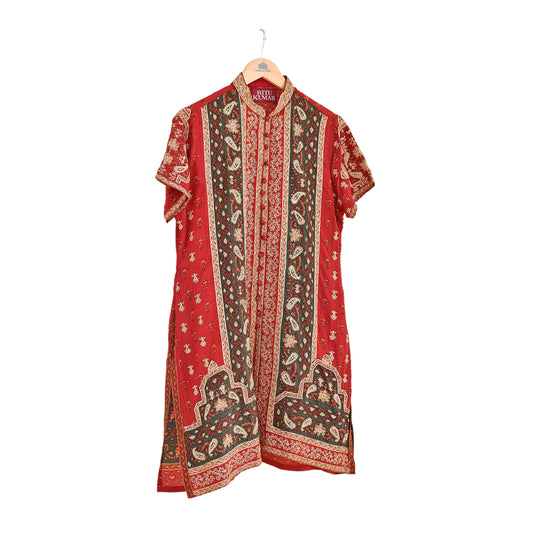 Indian Vintage Red & Green Ritu Kumar Pure Silk Kurta Hand Embroidered Printed Designer Ethnic Festive Party Wear Tunic