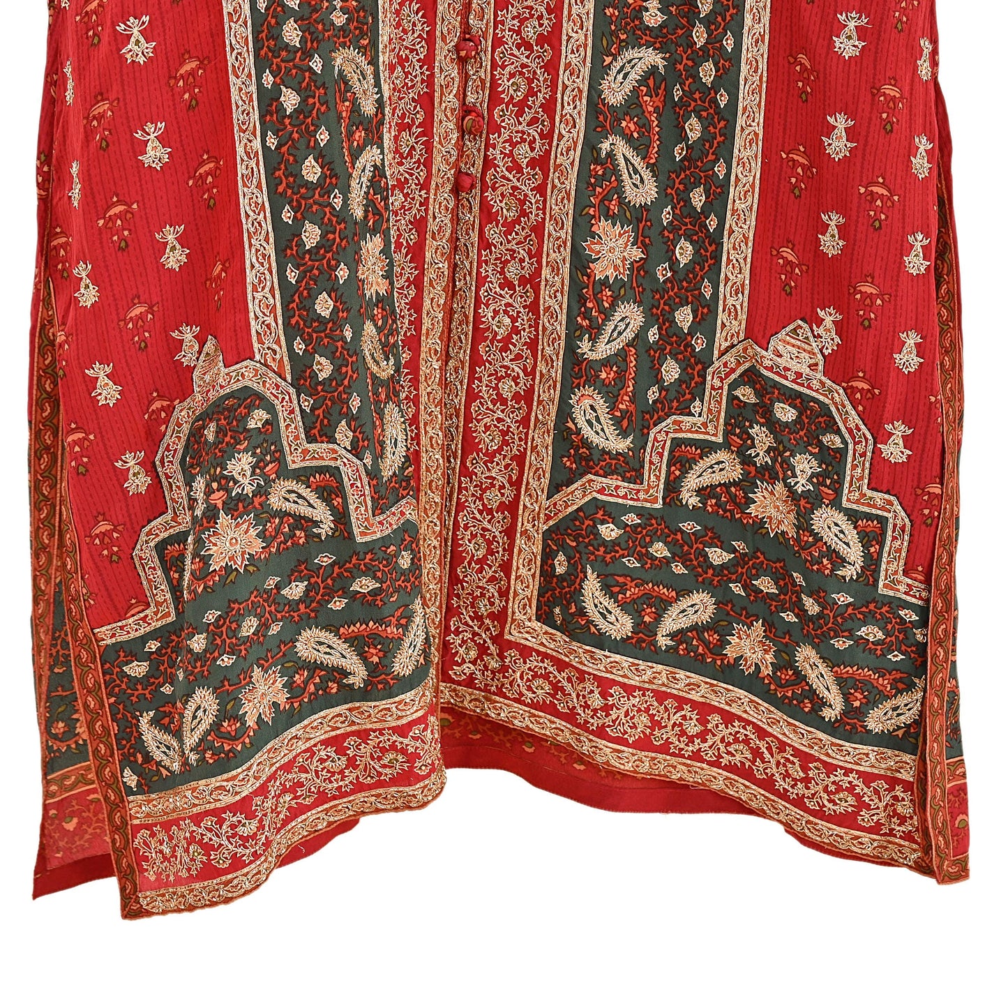 Indian Vintage Red & Green Ritu Kumar Pure Silk Kurta Hand Embroidered Printed Designer Ethnic Festive Party Wear Tunic