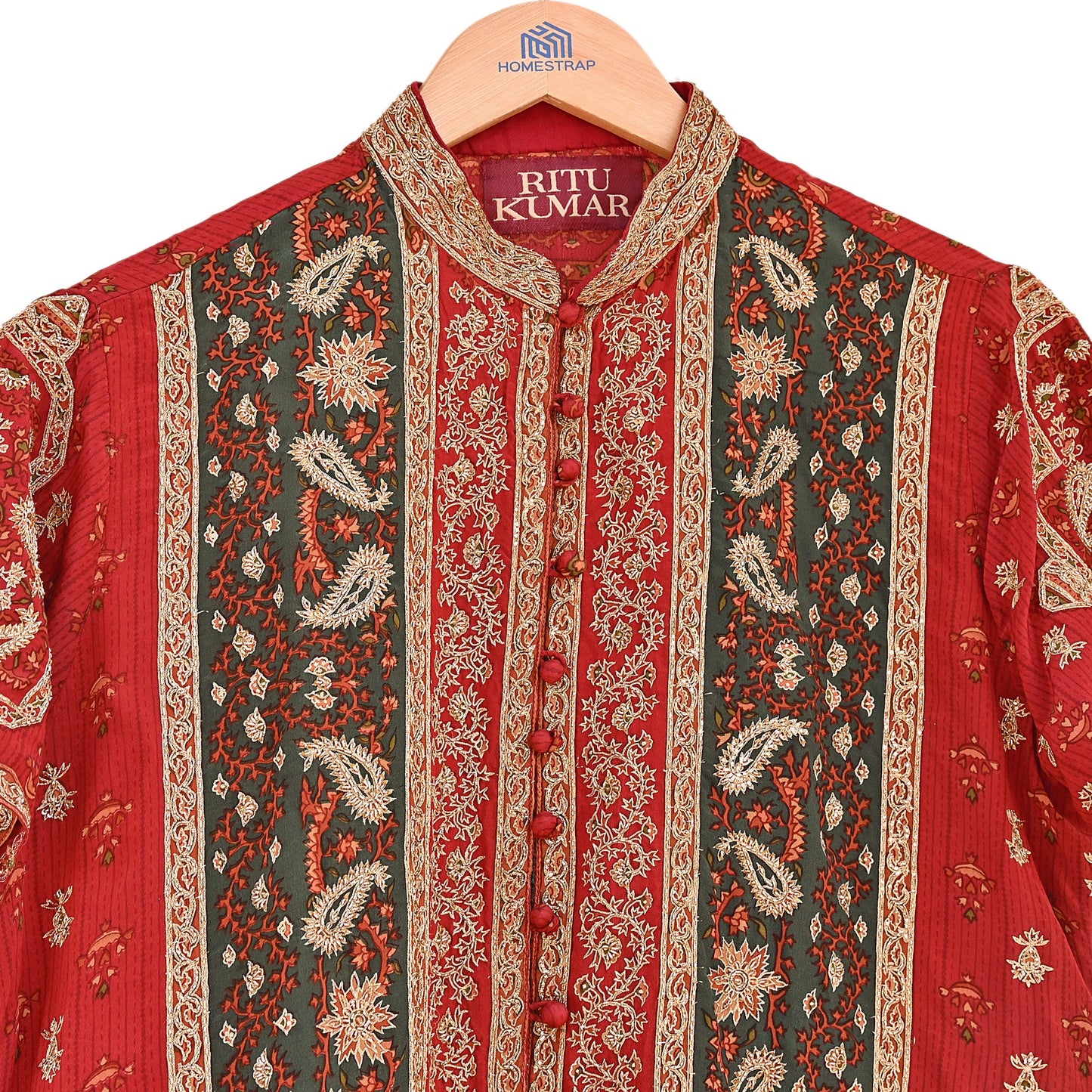 Indian Vintage Red & Green Ritu Kumar Pure Silk Kurta Hand Embroidered Printed Designer Ethnic Festive Party Wear Tunic