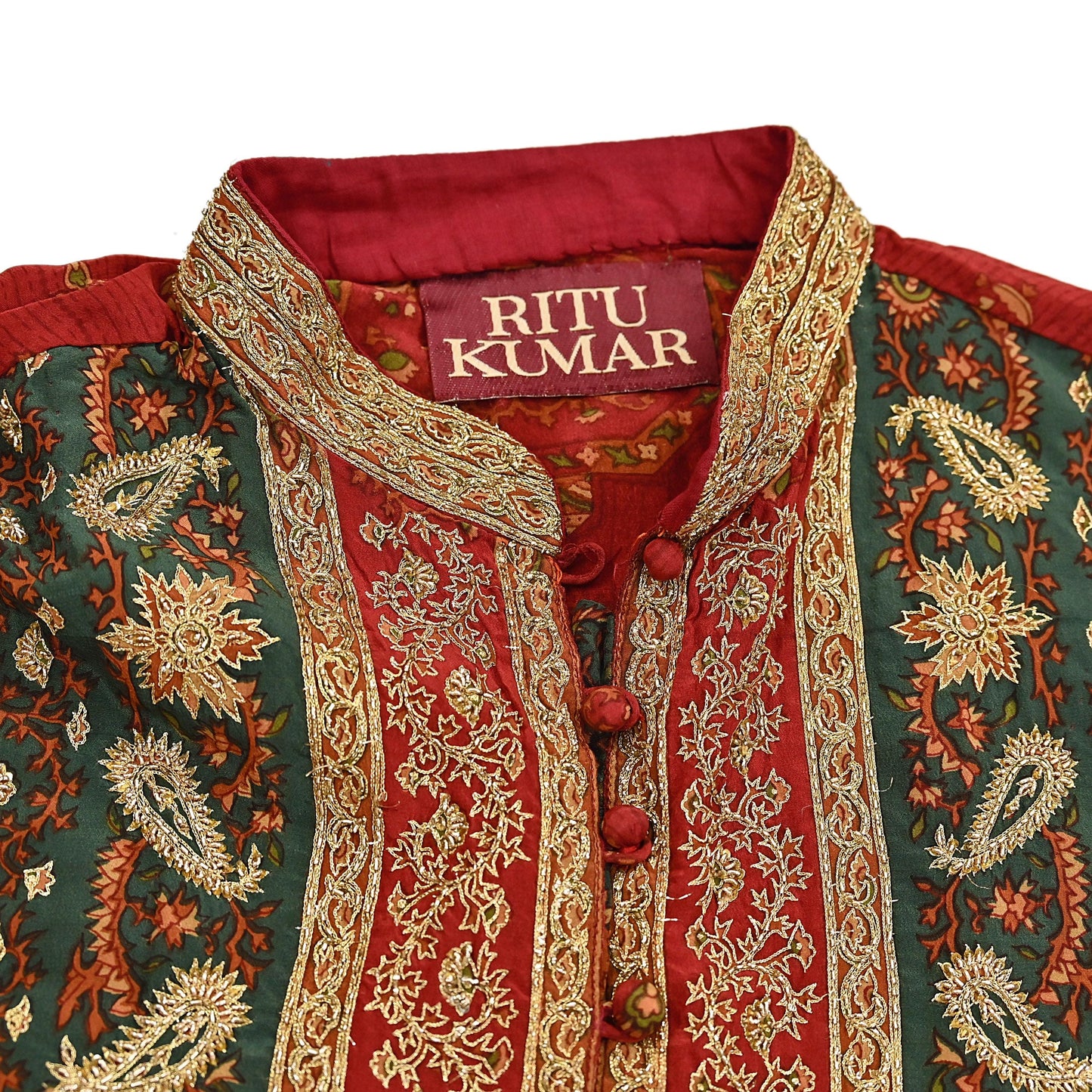 Indian Vintage Red & Green Ritu Kumar Pure Silk Kurta Hand Embroidered Printed Designer Ethnic Festive Party Wear Tunic