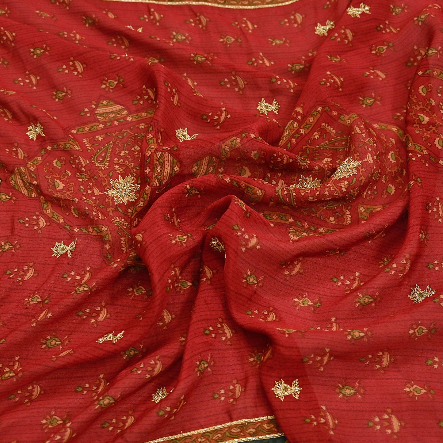 Indian Vintage Red & Green Dupatta Pure Silk Long Stole Hand Embroidered Designer By Ritu Kumar Scarves Scarf Zari Zardozi