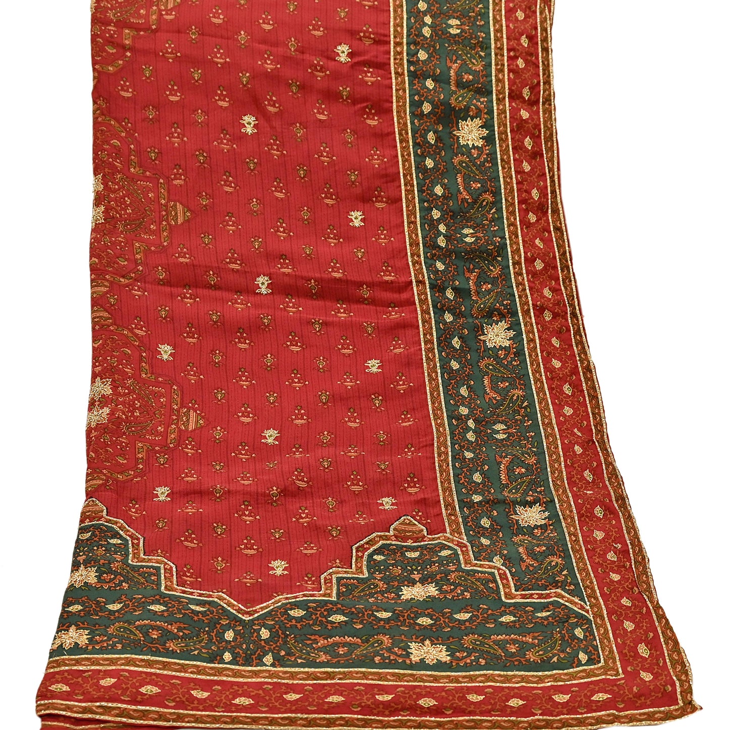 Indian Vintage Red & Green Dupatta Pure Silk Long Stole Hand Embroidered Designer By Ritu Kumar Scarves Scarf Zari Zardozi
