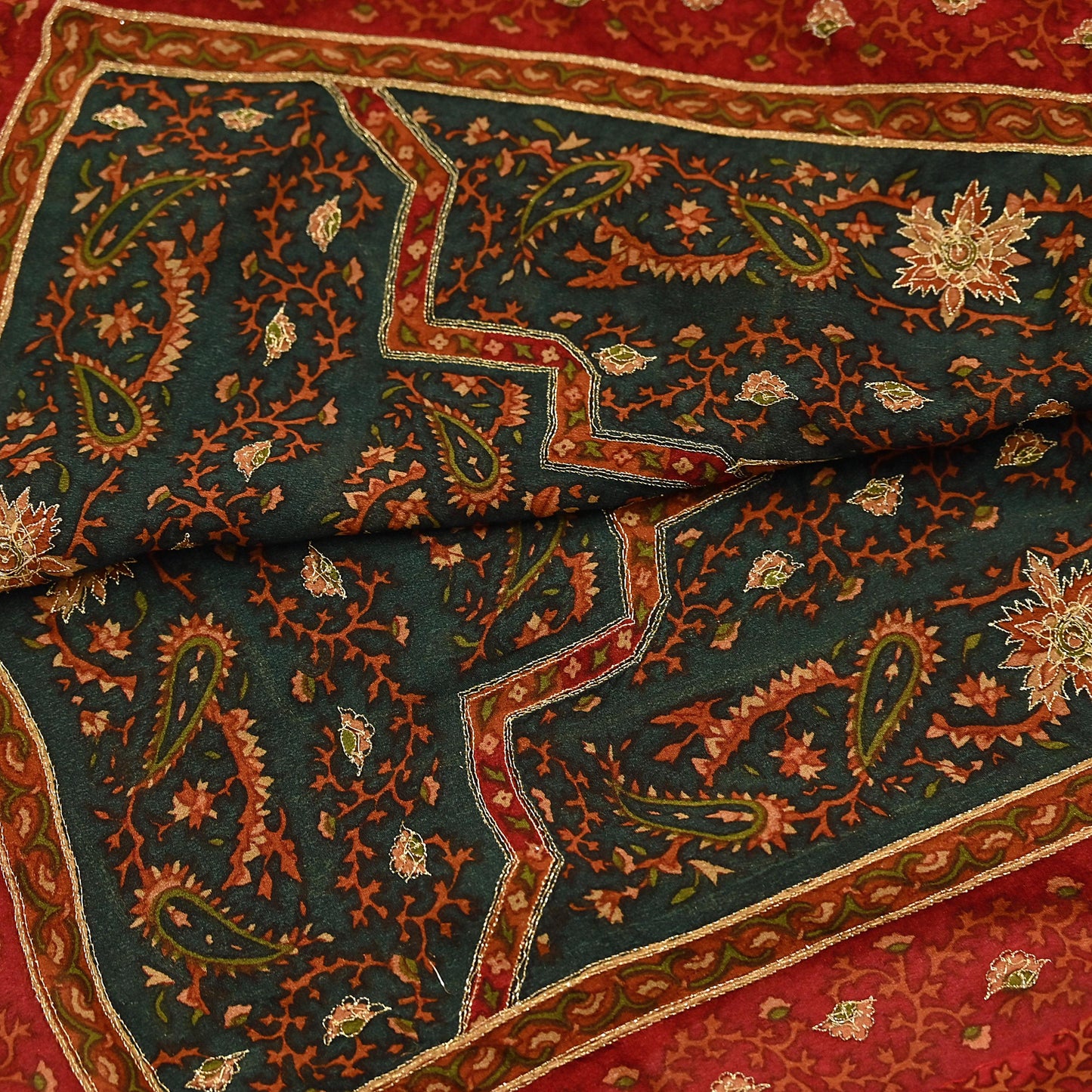 Indian Vintage Red & Green Dupatta Pure Silk Long Stole Hand Embroidered Designer By Ritu Kumar Scarves Scarf Zari Zardozi