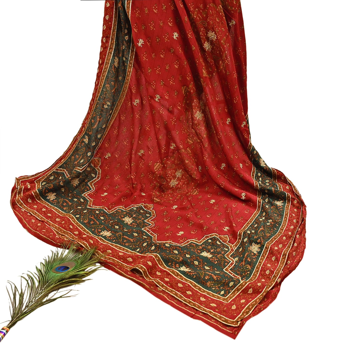 Indian Vintage Red & Green Dupatta Pure Silk Long Stole Hand Embroidered Designer By Ritu Kumar Scarves Scarf Zari Zardozi