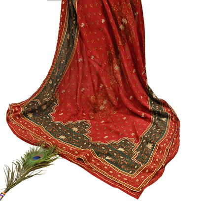 Indian Vintage Red & Green Dupatta Pure Silk Long Stole Hand Embroidered Designer By Ritu Kumar Scarves Scarf Zari Zardozi