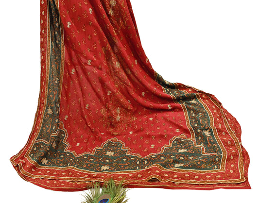 Indian Vintage Red & Green Dupatta Pure Silk Long Stole Hand Embroidered Designer By Ritu Kumar Scarves Scarf Zari Zardozi