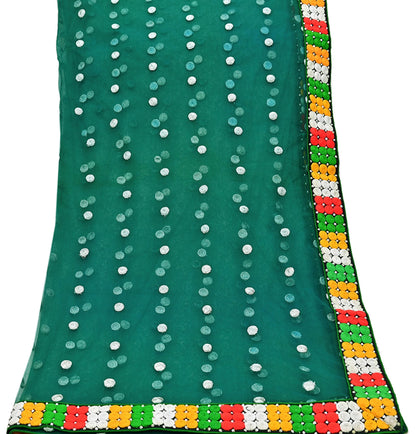 Indian Vintage Green Dupatta Net Mesh Long Stole Hand Embroidered Scarves Zari Sequins Stole