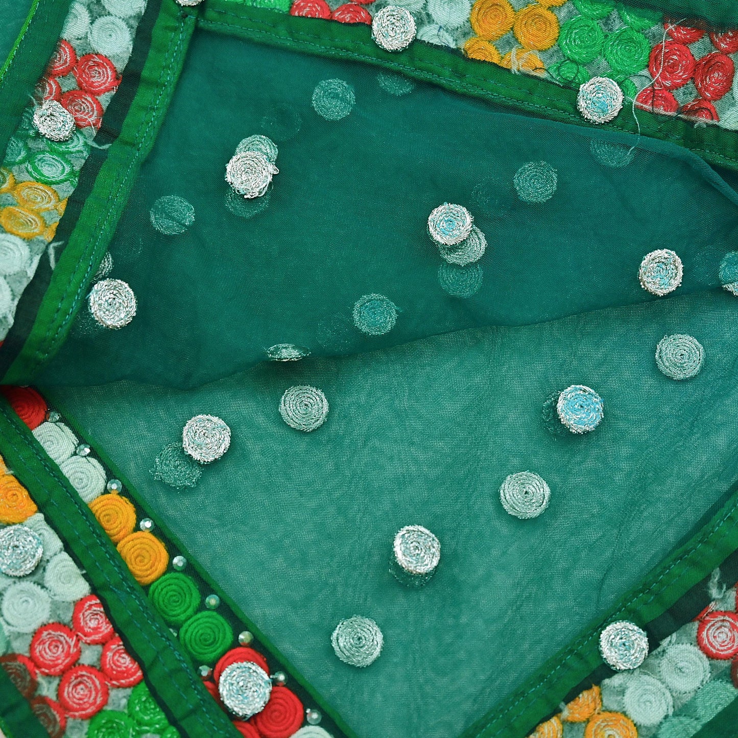 Indian Vintage Green Dupatta Net Mesh Long Stole Hand Embroidered Scarves Zari Sequins Stole