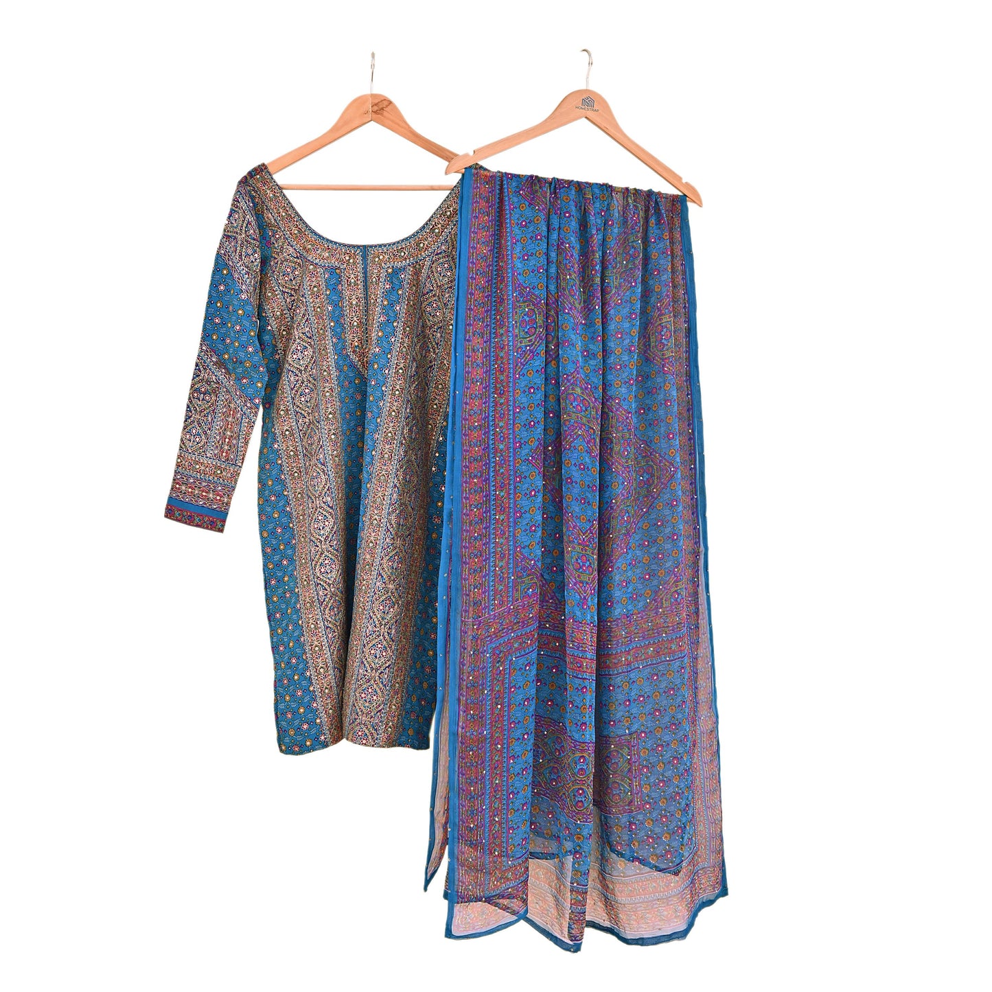 Indian Pre-Owned Blue Pure Silk Hand Embroidered Ritu Kumar Designer 2 Piece Suit Set (Kurta + Dupatta)