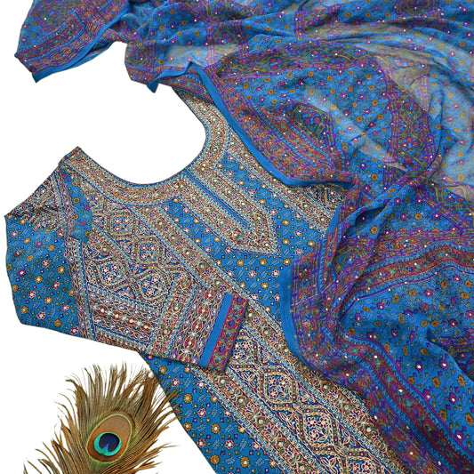 Indian Pre-Owned Blue Pure Silk Hand Embroidered Ritu Kumar Designer 2 Piece Suit Set (Kurta + Dupatta)