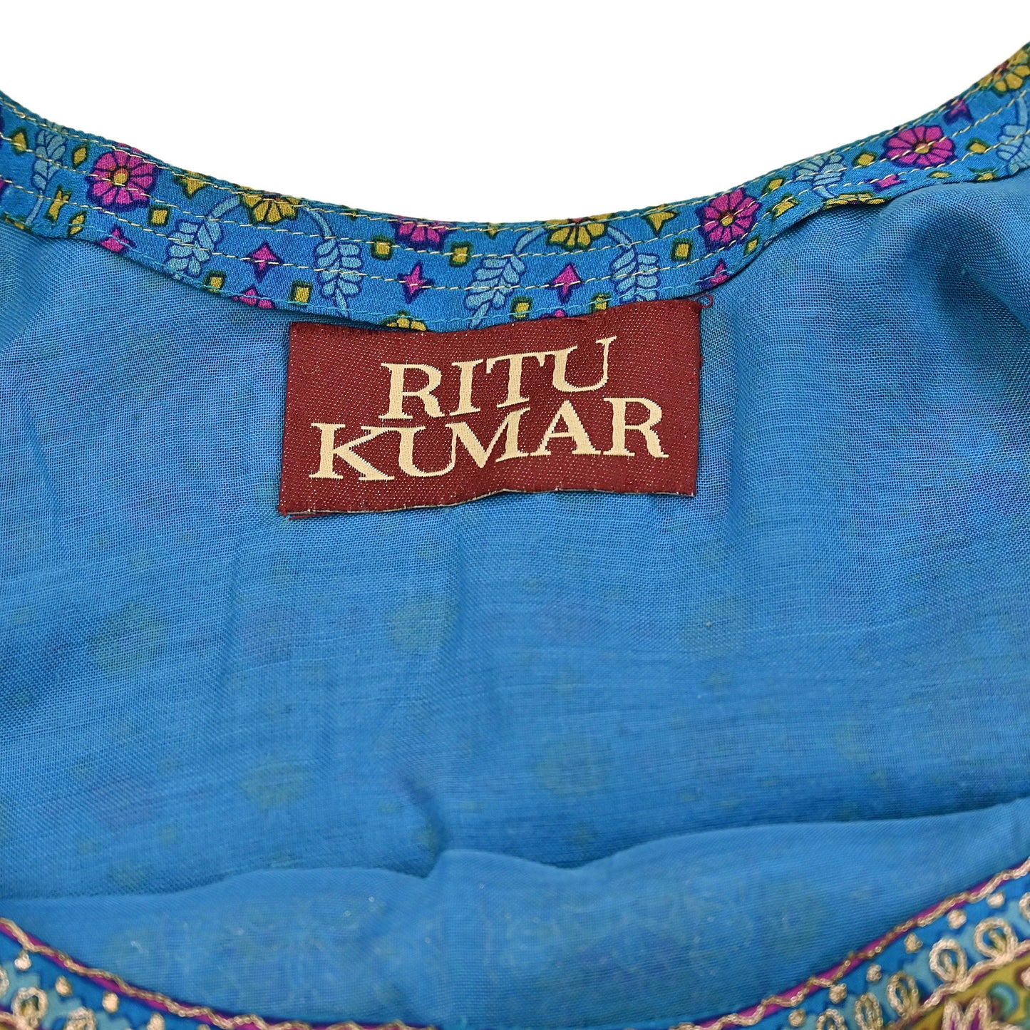 Indian Pre-Owned Blue Pure Silk Hand Embroidered Ritu Kumar Designer 2 Piece Suit Set (Kurta + Dupatta)