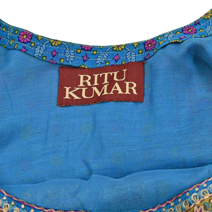 Indian Pre-Owned Blue Pure Silk Hand Embroidered Ritu Kumar Designer 2 Piece Suit Set (Kurta + Dupatta)