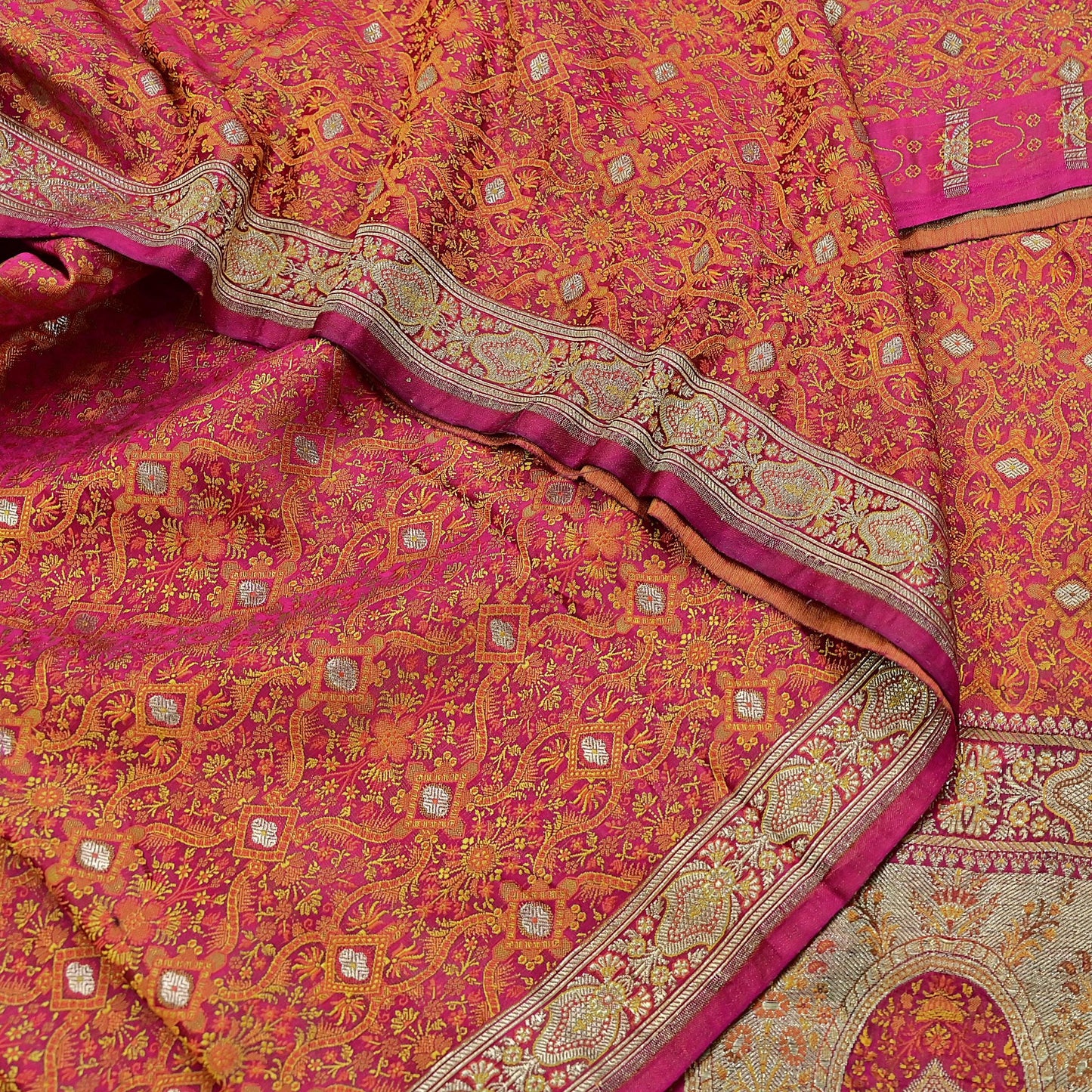 Indian Vintage Rani Pink Banarasi Brocade Saree Heavy Wedding Sari in Pure Satin Silk Woven Zari Fabric for Crafting, Dressmaking