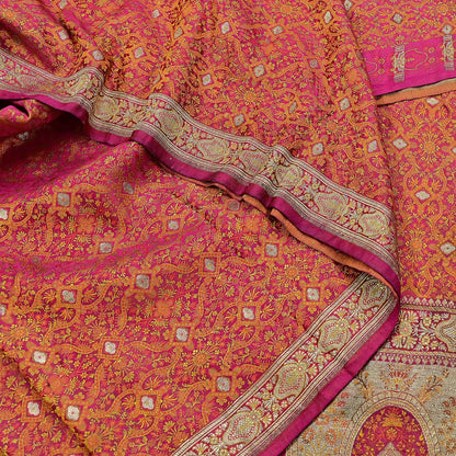 Indian Vintage Rani Pink Banarasi Brocade Saree Heavy Wedding Sari in Pure Satin Silk Woven Zari Fabric for Crafting, Dressmaking